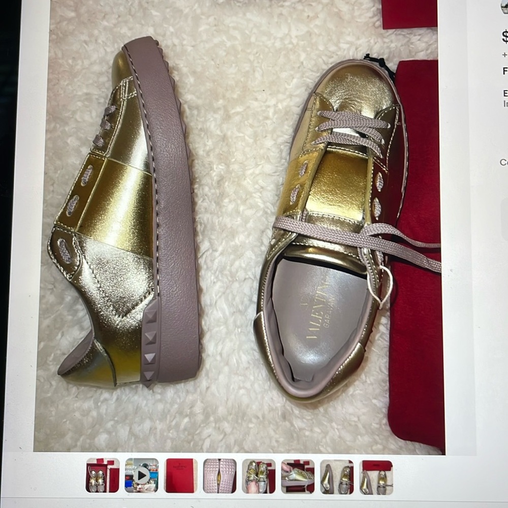 Size 7 authentic rock studs valentino garavani gold sneakers women new with box
